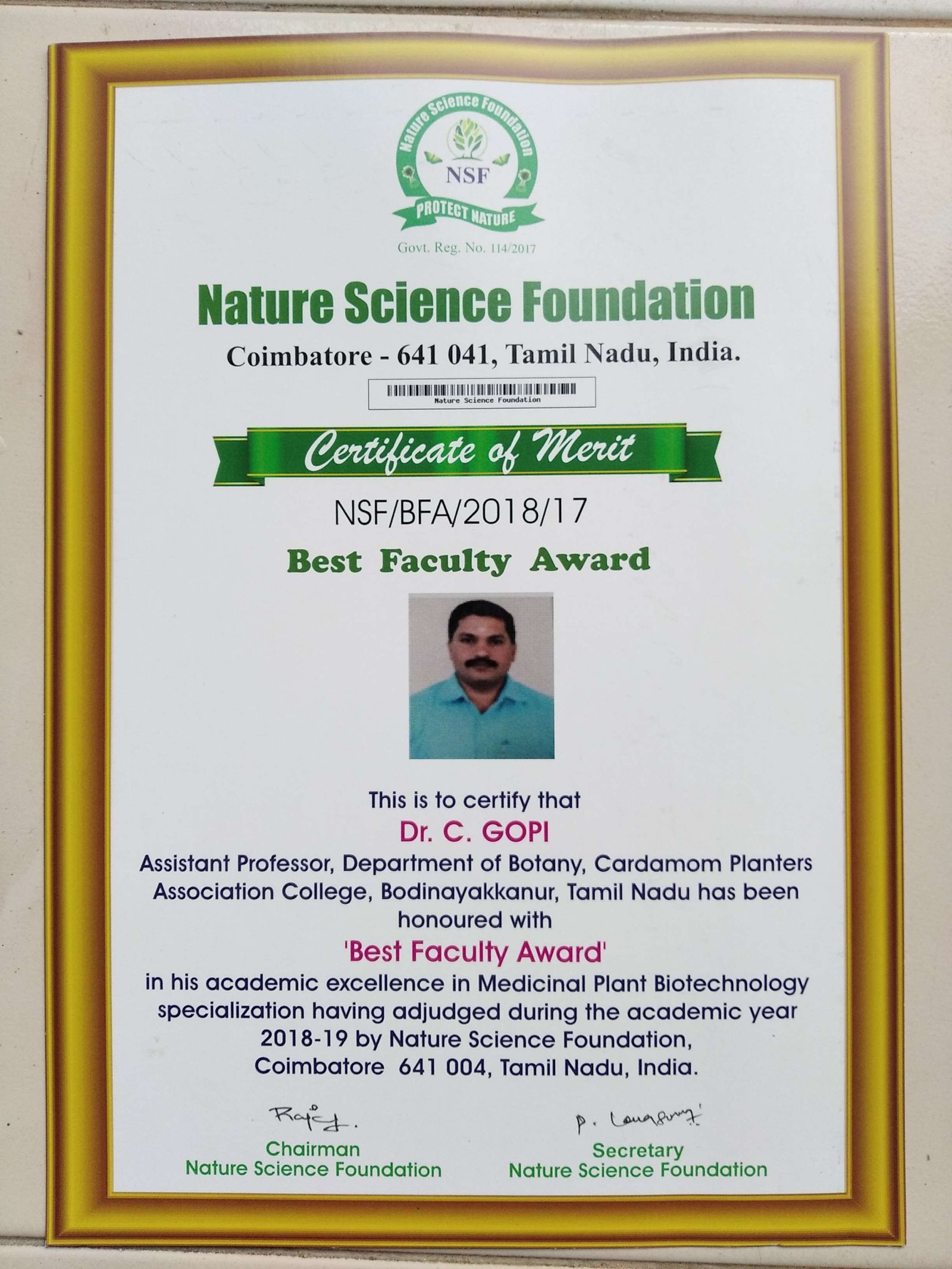 2018-19 Dr.C.Gopi, Best Faculty Award